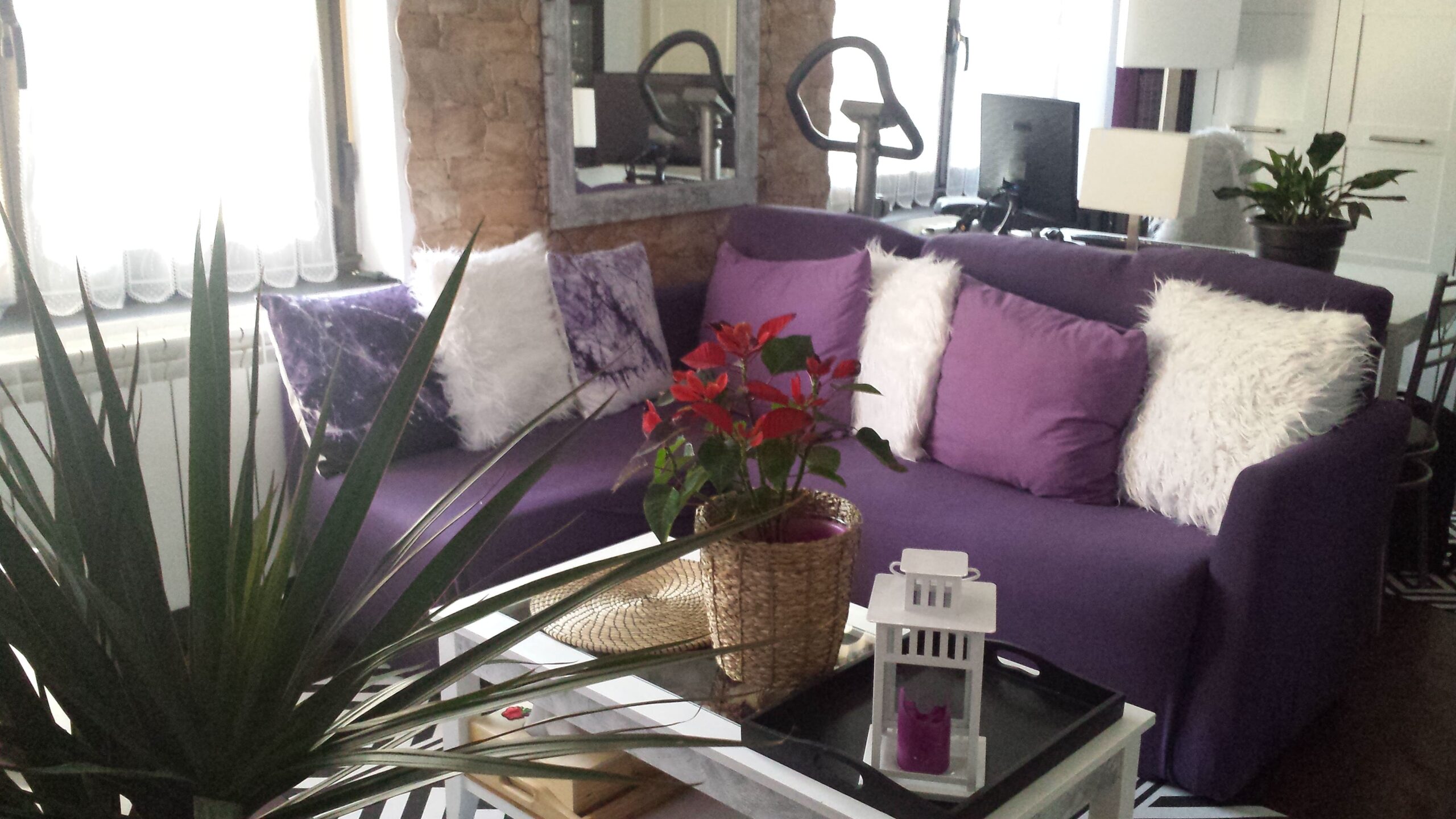 Después: Salón con sofá morado, cojines y plantas. Antes: salón con paredes amarillas.